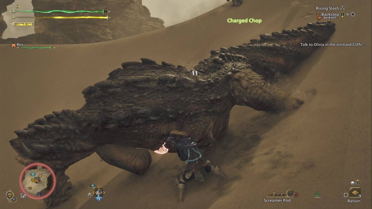 A hunter in Monster Hunter Wilds performing a downward thrust attack with the sword and shield