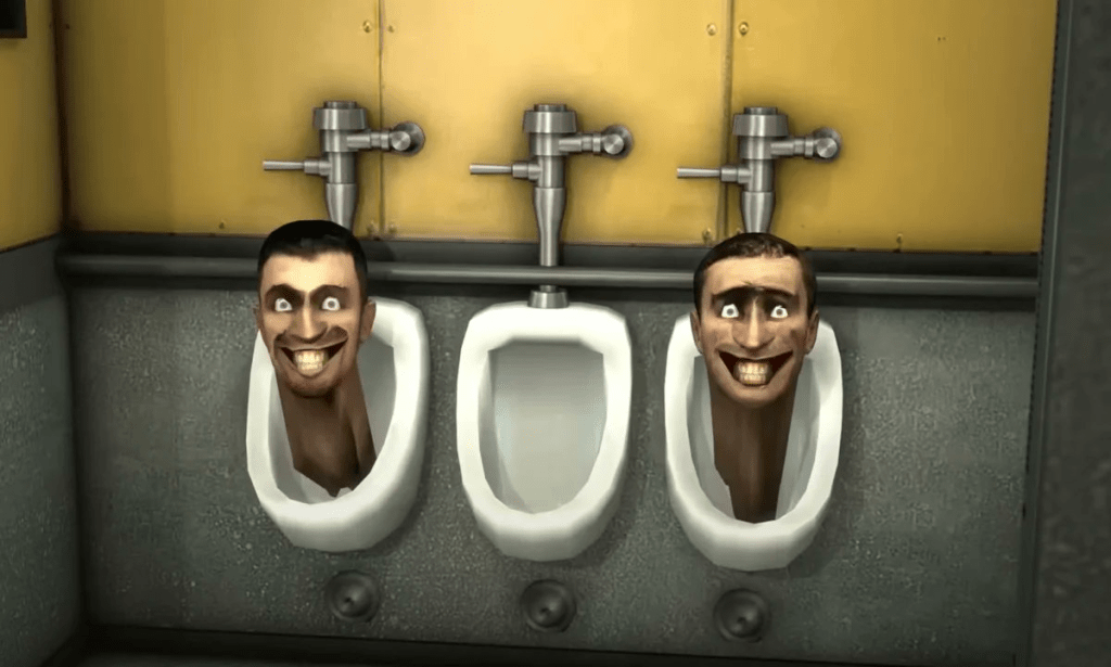 Heads emerging from a urinal in *Skibidi Toilet*, image from ShiinaBR's Twitter post announcing the *Fortnite* skins