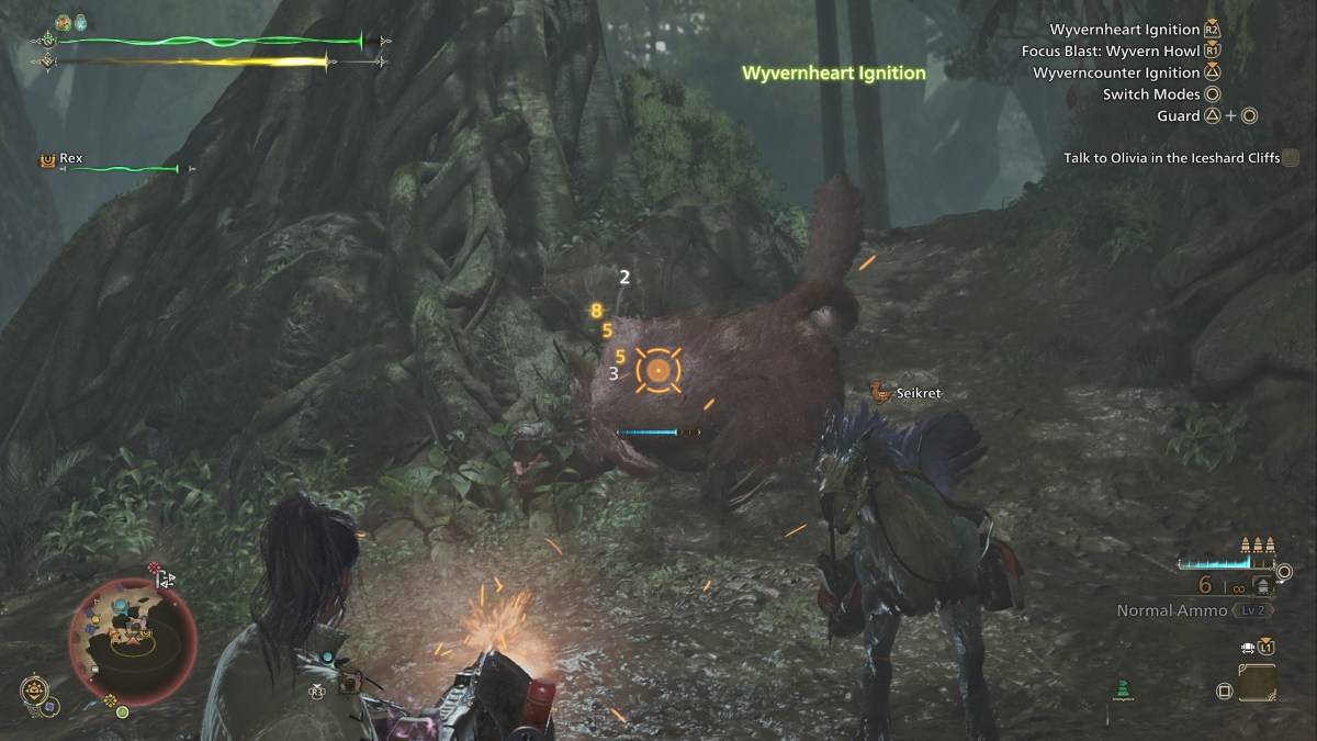 Isang mangangaso sa Monster Hunter Wilds gamit ang mabibigat na bowgun laban sa isang congalala