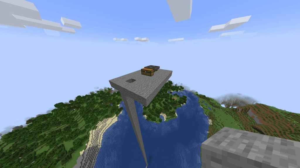 Minecraft maliit na platform sa kalangitan na may dibdib at apat na hoppers para sa mob spawner