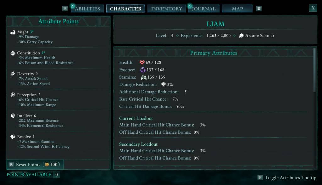 An image showing the Attributes screen in Avowed.