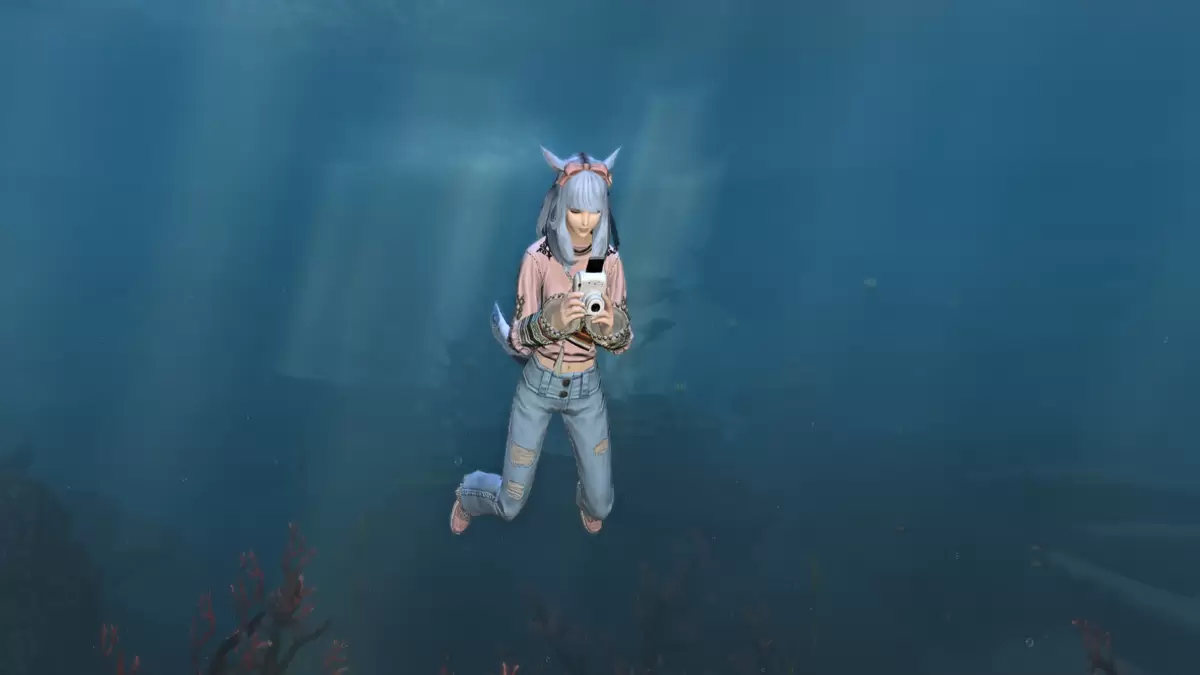 Screenshot showing the Photograph emote used underwater