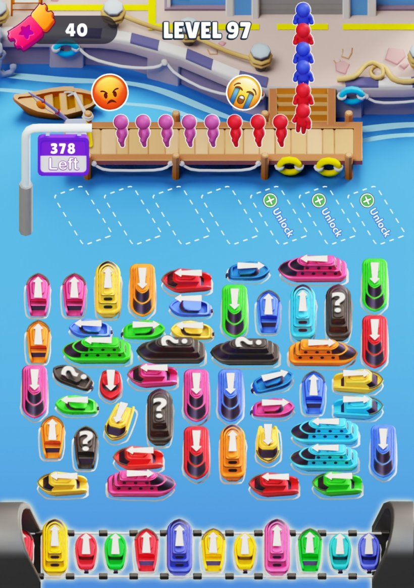 Screenshot showing gameplay from Boat Craze: Traffic Escape, demonstrating the gridlocked boats you need to help navigate through.