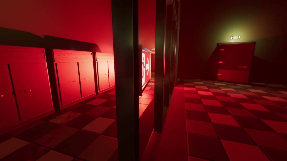 A large room illuminated by a giant red exist sign in Superliminal. 