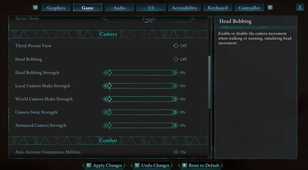 Avowed Settings Menu: Camera Options