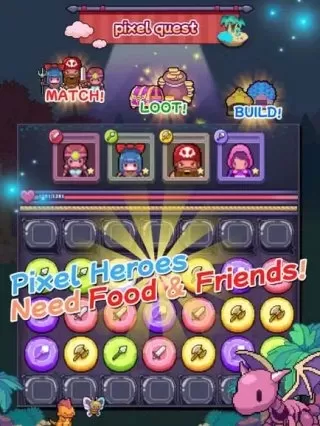 Isang match-3 grid na may mga pixelated character