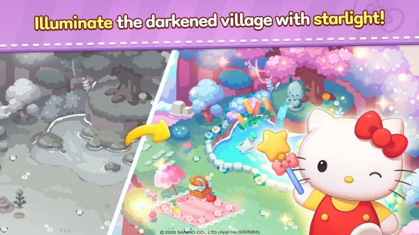 Hello Kitty'nin bir resmi, renk restore edilmiş bir manzara üzerinde sihirli bir asa sallayan bir resmi