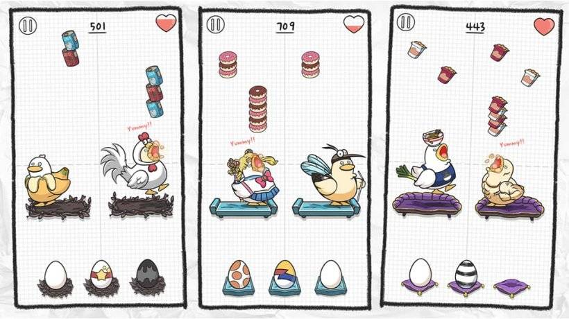 Une image du gameplay de Duck Town montrant de la nourriture descendante se dirigeant vers divers canards aux habilles différents, certains en cosplay