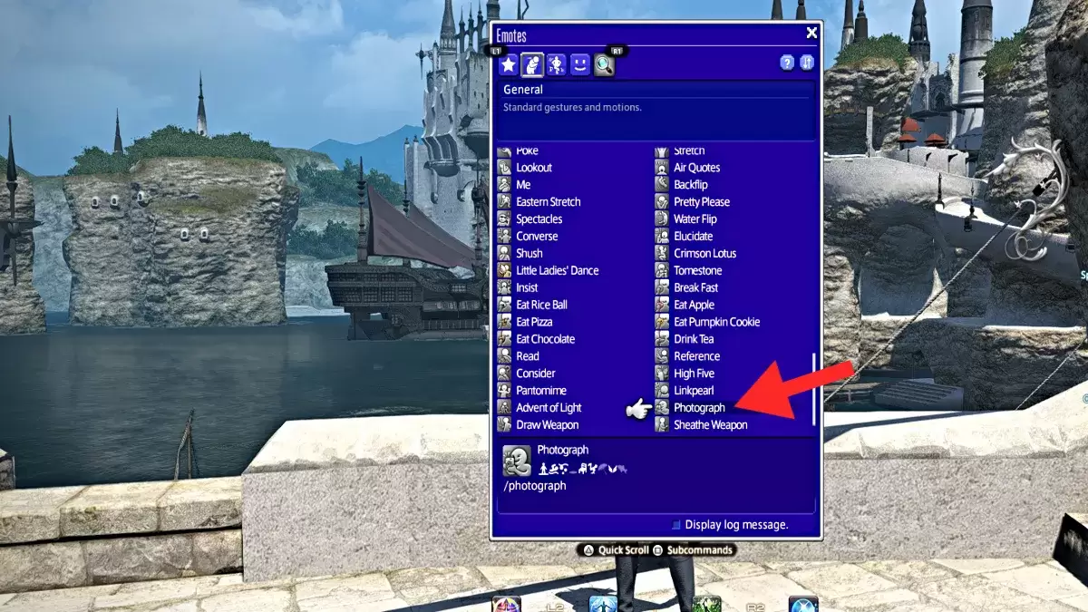 Screenshot showing the Photograph emote in FFXIV