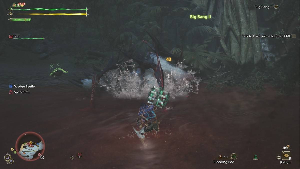 A hunter in Monster Hunter Wilds, using a stun hammer to attack a Lala Barina