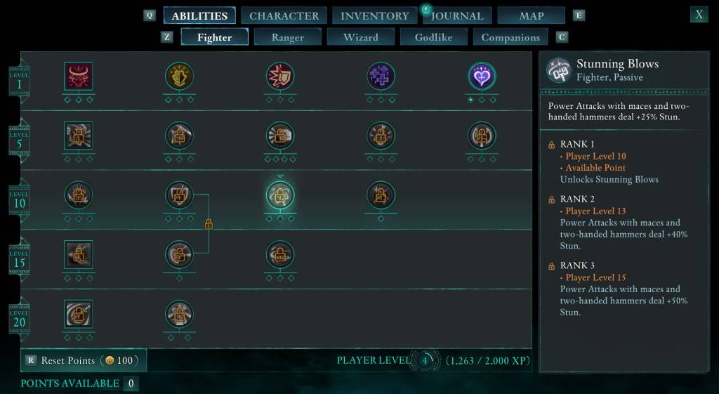 An image showing the Abilities screen in Avowed.