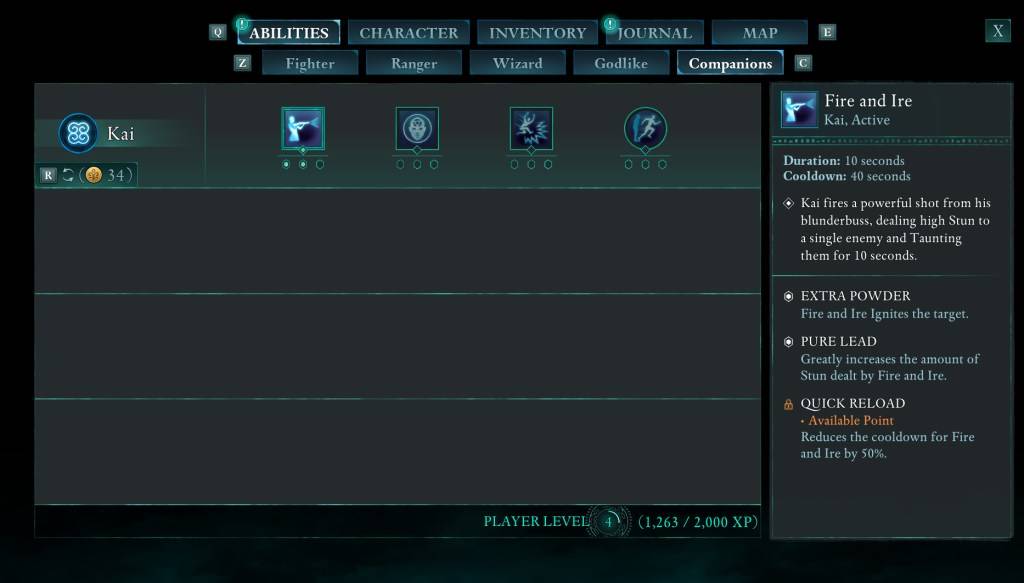 An image showing the Companion abilities screen in Avowed.
