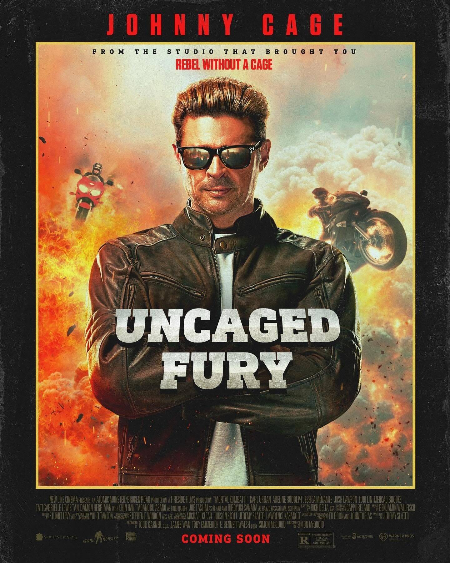 Ein gefälschtes Filmplakat für einen Johnny Cage -Film, in dem der sehr reale Film, Mortal Kombat 2. Credit: Warner Bros.