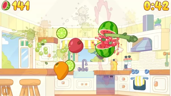 colorful fruits being sliced in Bluey's kitchen
